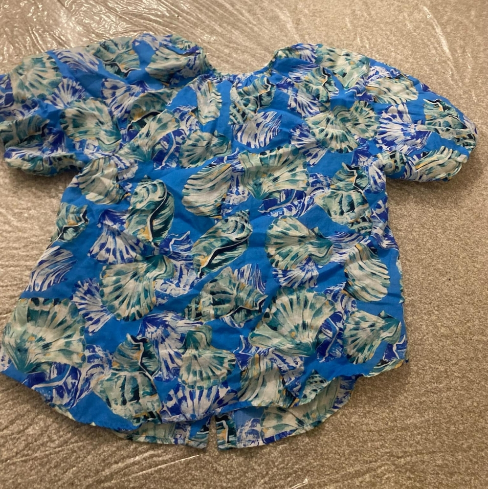 Chico’s Shell Print Ramie Blend Blouse Poolside Blue Size 2 Resort Beachy R3